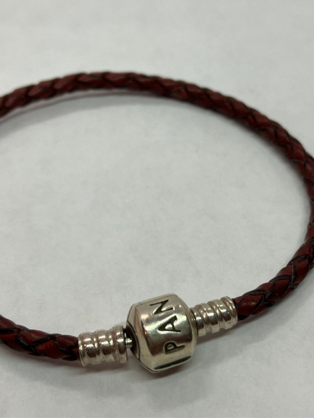 PANDORA 925 Sterling Silver Braided Leather Single Wrap Bracelet RED, 7"